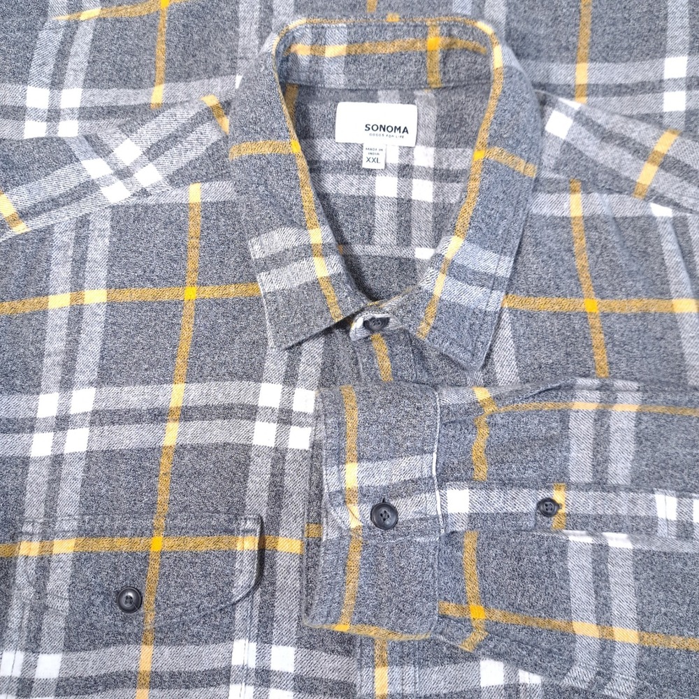 Sonoma Men's Flannel Long Sleeves XXL Gray/Yellow 100% Cotton Casual‎